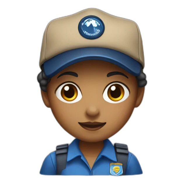 Scout girl with blue shirt and dark blue skirt and a cap sticker
