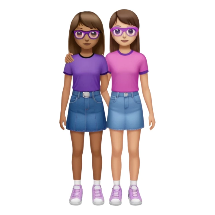 Chica blanca de pelo castaño con un flequillo unas unas gafas transparentes negras y rosadas con una blusa morada y una falda de mezclilla con tenis blancos dando la mano a chico blanco de pelo castaño con una camisa morada y un pantalón de mezclilla y unos tenis blancos  sticker