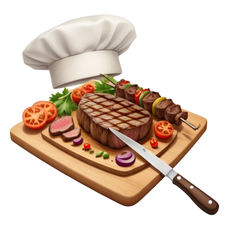 icon featuring a chef’s hat, a cutting board with fresh ingredients, a knife, a beautifully cooked ribeye steak, shashlik skewers, and a plate of food in the making. The design captures the passion of cooking with warm, inviting colors, and realistic textures. Transparent background. sticker