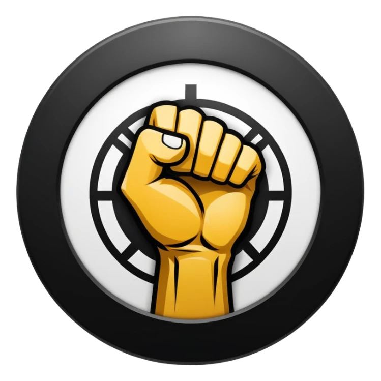 Round emblem symbolizing martial arts with a stylized fist at the center, representing the power and discipline of striking. The fist is bold and dynamic, surrounded by sharp motion lines to emphasize strength and speed.  sticker