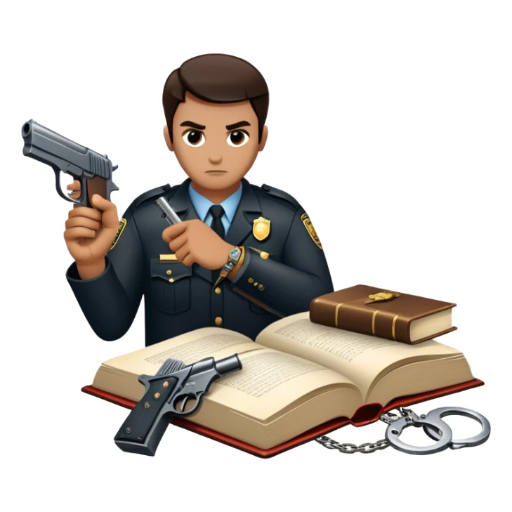 Icon for Action & Crime Reading: an open book with dramatic action scenes, surrounded by a gun, handcuffs, a badge, and a shadowy figure. The icon should evoke suspense, danger, and intrigue of crime and action stories. Transparent background. sticker