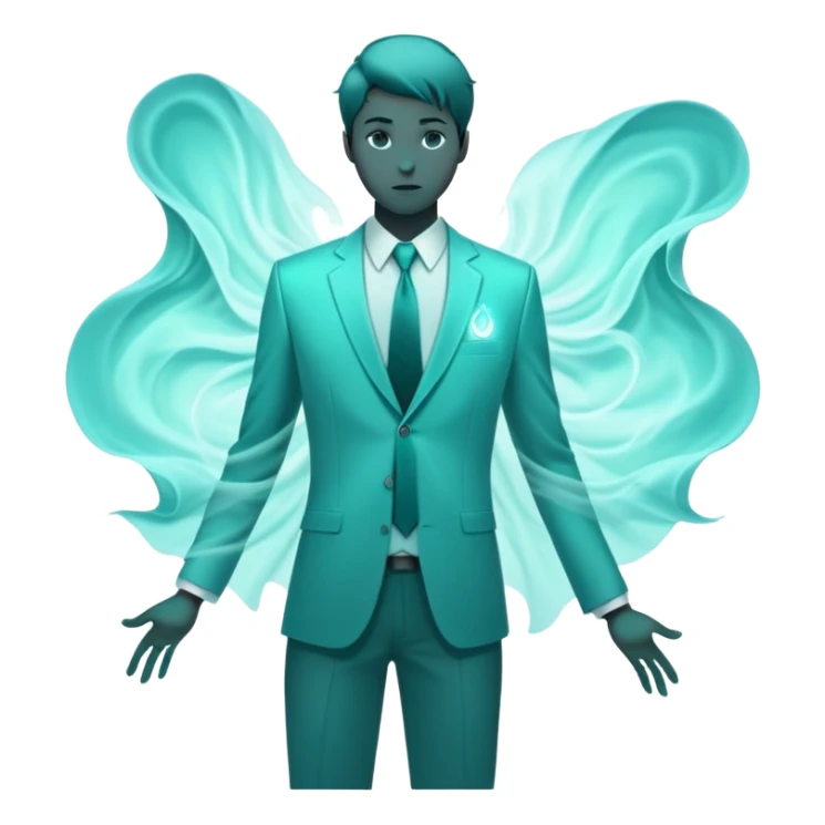 Teal colored ethereal energy forming male silhouette with ghostly floating wardrobe elements like tie, shirt and watch surrounding it, abstract style essence sticker