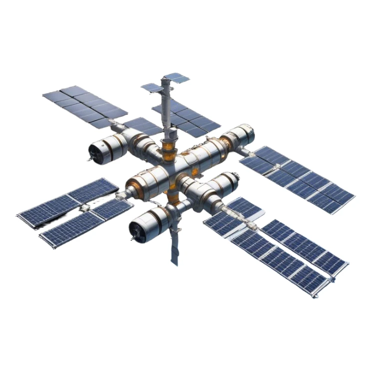  Cinematic Realistic Space Station – A highly detailed, sprawling orbital station with complex solar panels and intricate docking modules. The metallic structure glows faintly from reflected sunlight, with the curvature of Earth and the deep blackness of space in the background. sticker