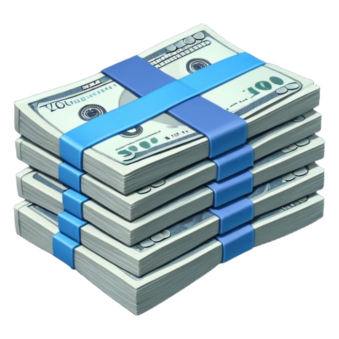 a massive bound stack of blue-and-white banknotes, koan bills , 90s futuristic, the band is dark gray sticker