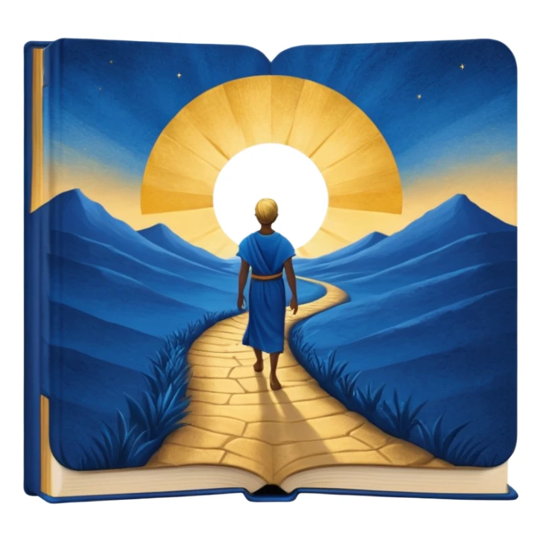 deep blue-to-golden sunrise book with textured aged cover, lone figure on path, radiating hope and purpose sticker