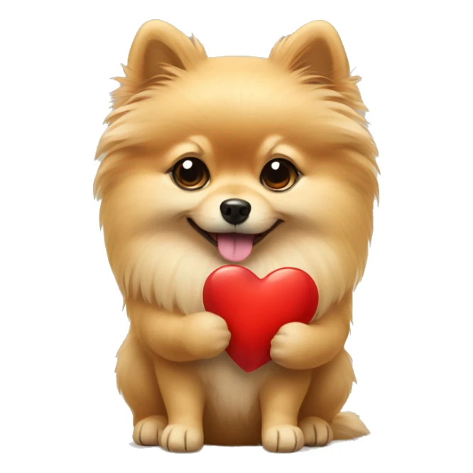 Beige pomeranian holding a heart sticker