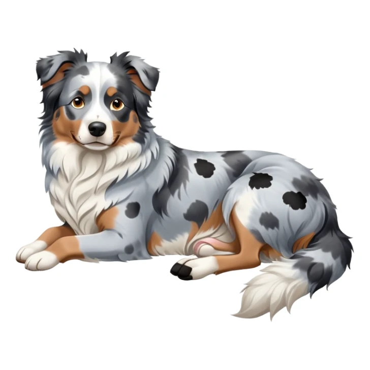 Merle Australian Shepherd dog laying down, blue merle coat with white and black spots, relaxed pose sticker