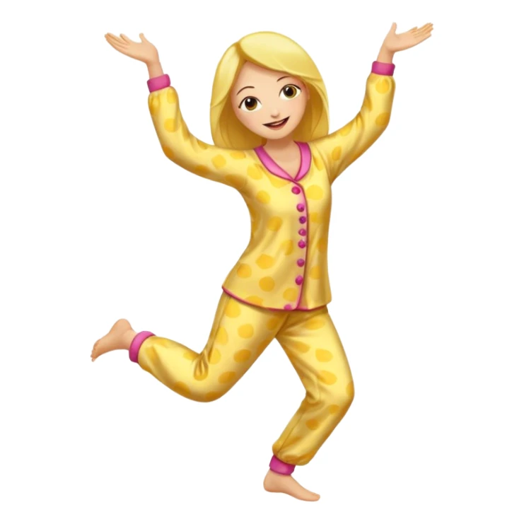 yellow-skinned woman dancing in her pajamas, cheerful expression sticker