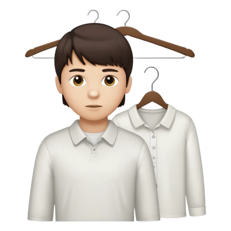 boy dark brown hair with bangs with straight eyebrows with  clothing hanger and the shirt that is hanged is white sticker