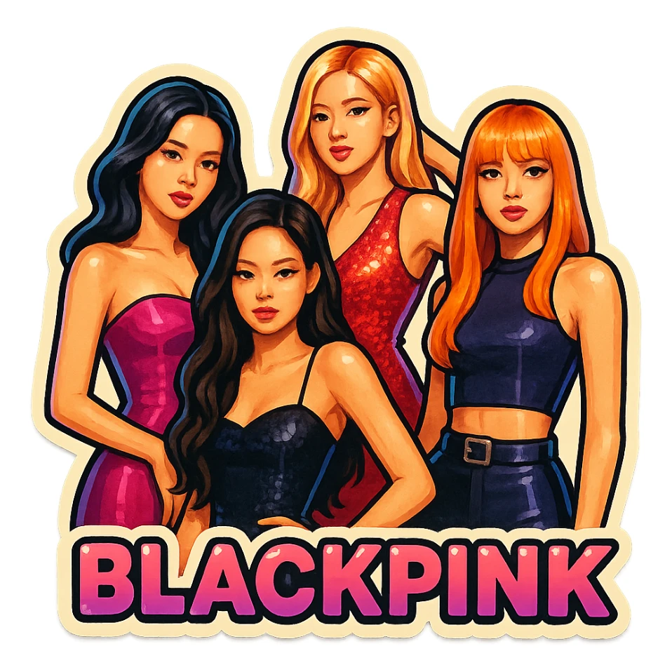Blackpink, K-pop group, group pose, glamorous and bold, retro stickers style sticker
