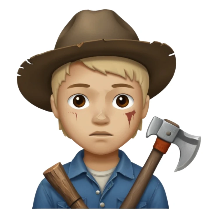 13 y/o Brian robeson at the beginning of Hatchet
distressed, has hatchet, small scratches on face, no blood on hatchet sticker