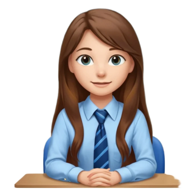 high school class room with a pretty female high school student with long brown hair, blue eyes, wearing a tie, sitting in front of the blackboard sticker