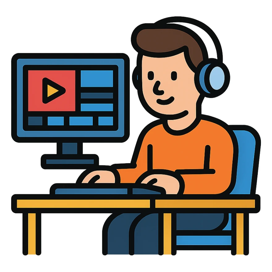 a man sitting at a table editing videos, color outline icon style sticker
