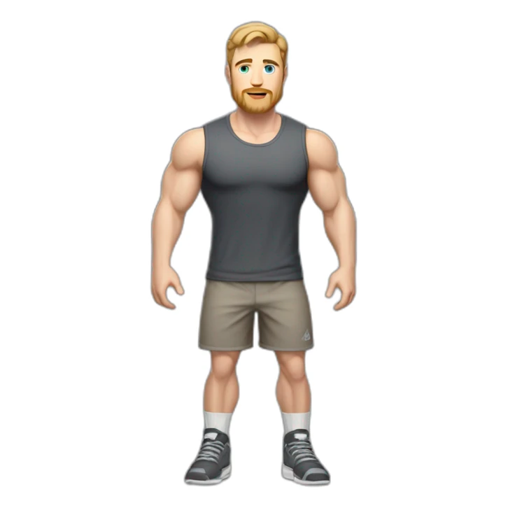 Full height Pale skinned fit man With biceps, Realistic eyes and mouth, light brown hair and stubble In dark gray sleeveless mike, black oversize sports shorts, watch and white sneakers. sticker