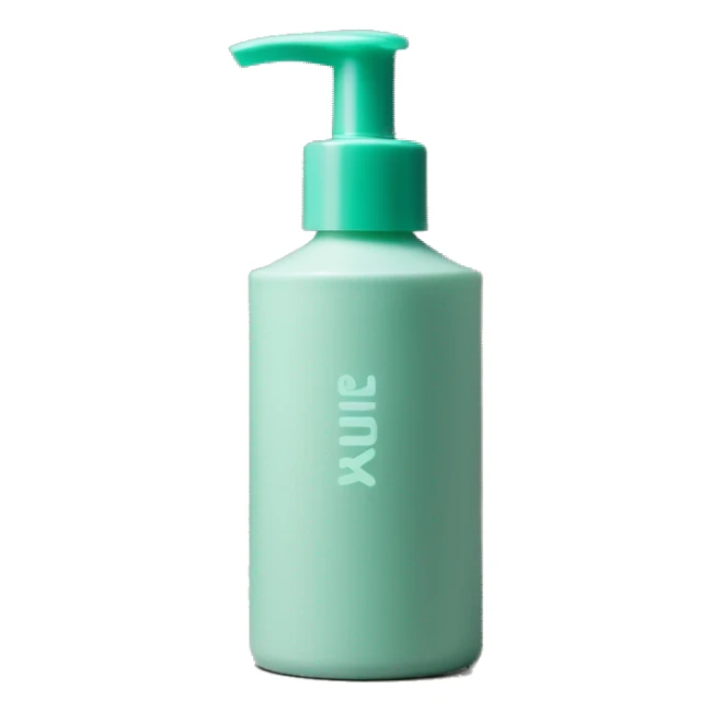 Turquoise pastel Green cosmetic bottle with a press pump lid all one colour and matte - on the front it says Kurl Kitchen in pine green colour sticker