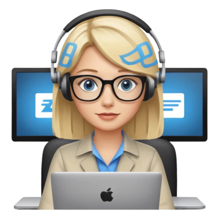 donna bionda occhi azzurri con occhiali, capelli media lunghezza lisci, è al pc è una grafica editoriale e redattrice sticker