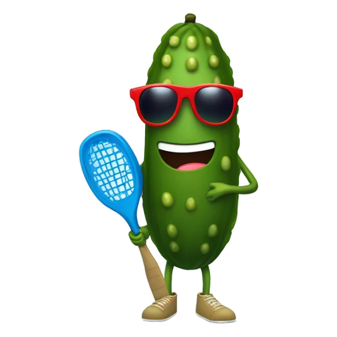 pickle with legs, holding a solid red paddle ball racket, blue backgound, wearing sunglasses sticker
