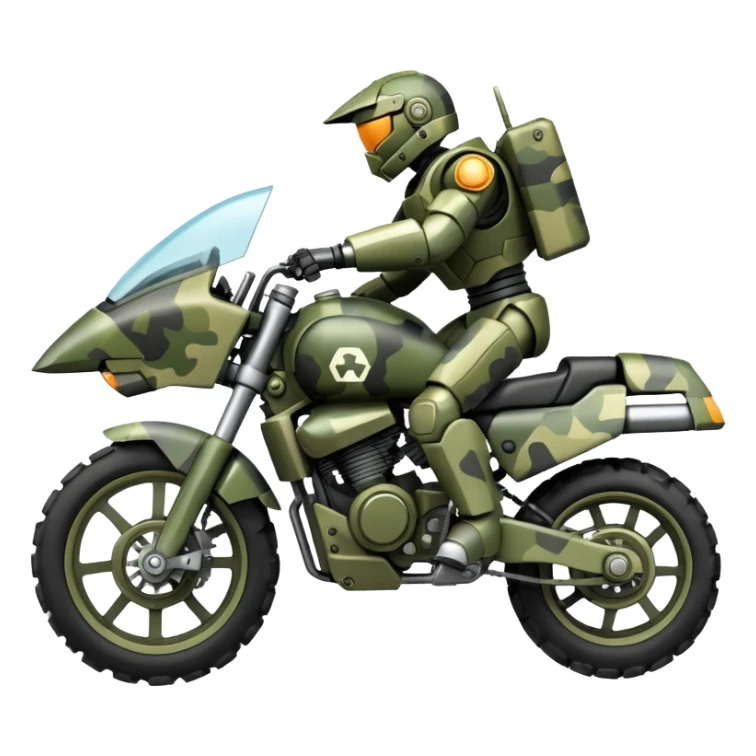 a camouflage army massive mech motorcycle shooting forward enemy mech off-road racing motorcycle  sticker