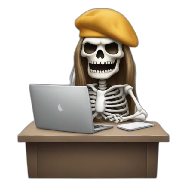 a-scary-skeleton-with-long-hair-and-beret-sitting-at-computer sticker
