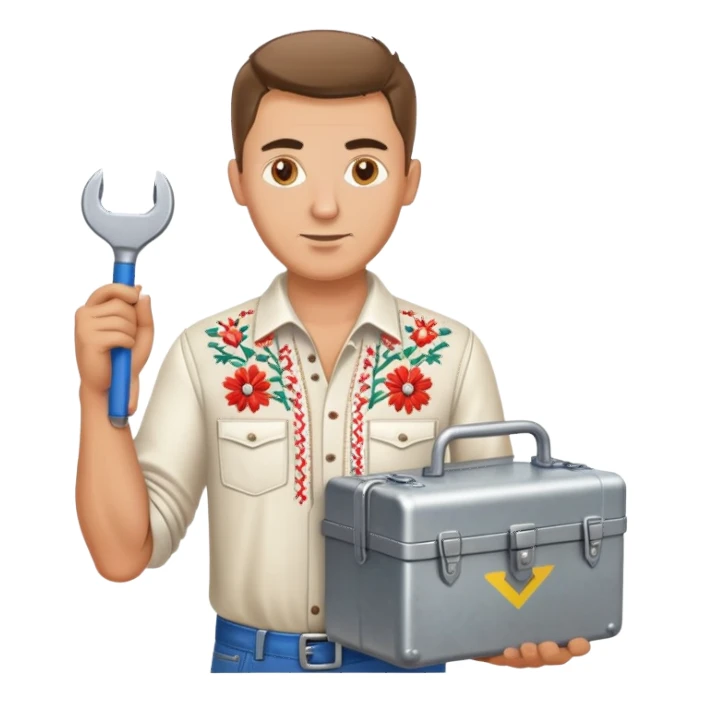 Ukrainian man in traditional embroidered shirt holding a toolbox sticker
