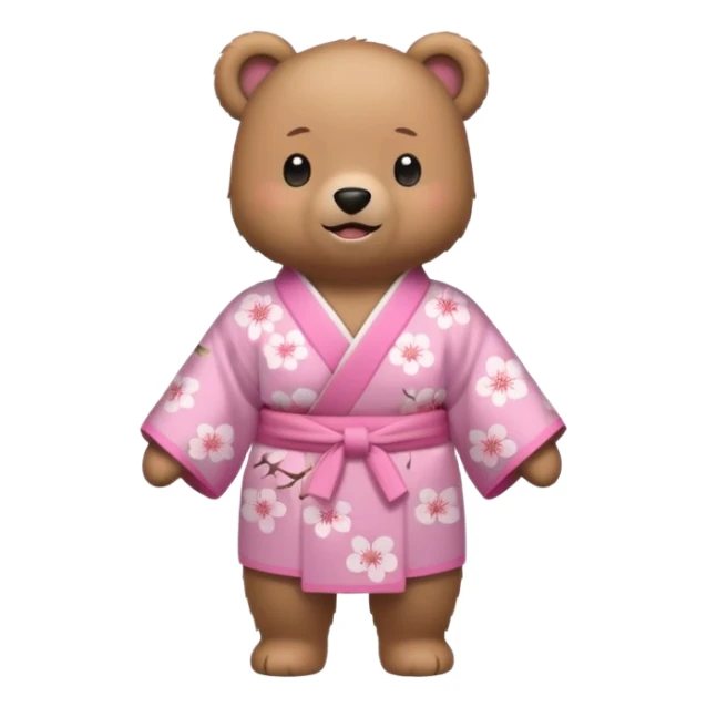 A cute light-brown bear wearing a pastel pink sakura-patterned kimono, normal balanced body ratio.  
Standing under a blooming sakura tree, looking up at falling pink petals with a soft amazed smile.  
Kawaii emoji style, minimalistic clean sticker illustration, simple scenic background. sticker