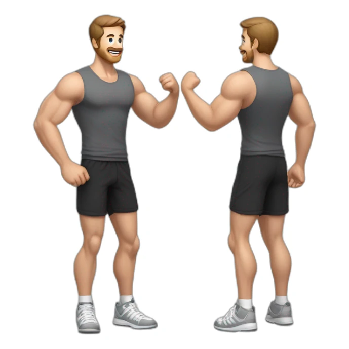 Full height realistic Actively gesturing with hands Pale skinned Fit Man With the biceps and brown hair in dark gray Sleeveless Mike, black oversize sports shorts, watch and white Sneakers sticker