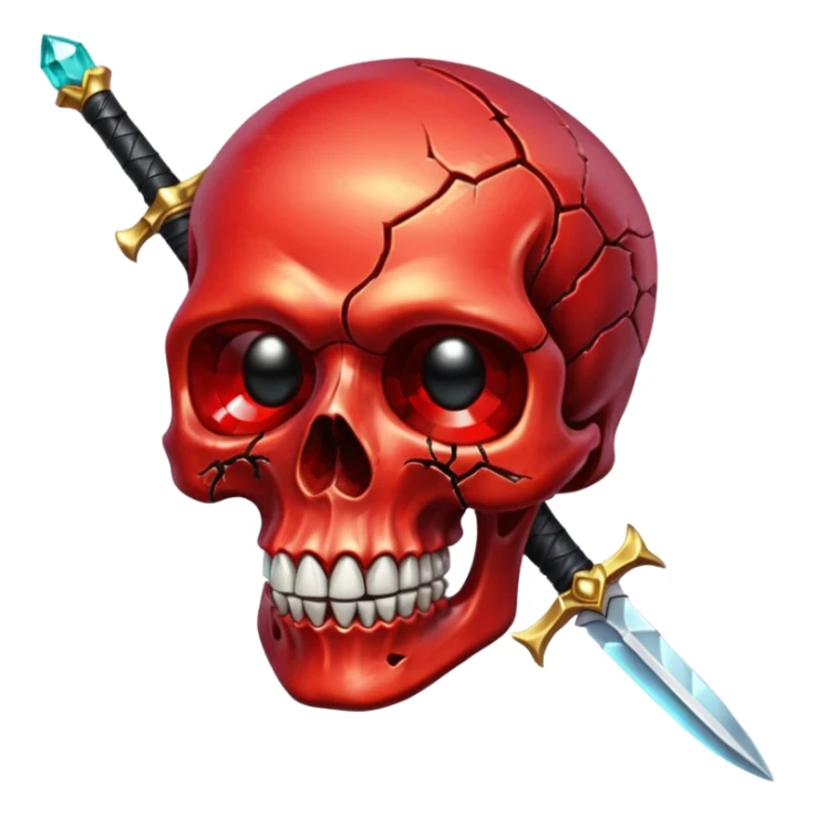 make me a red crystal skull partly see thew super gem like make it realistic and held together by a black bow and a small dagger to the eye with cracks coming from it have the bow be loosely tied around the skull holding it together make the blade super realistic  sticker