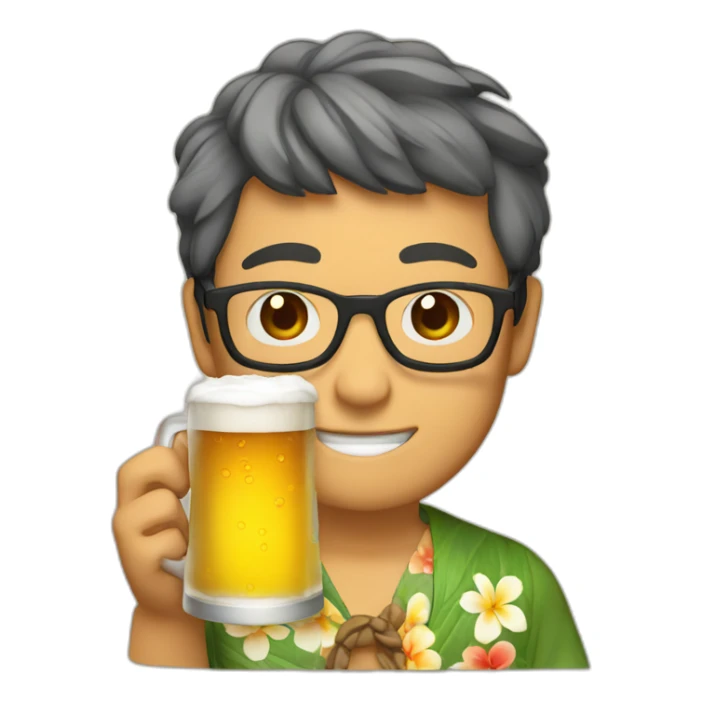 Japanese wearing glasses alohashirt is holding beer sticker