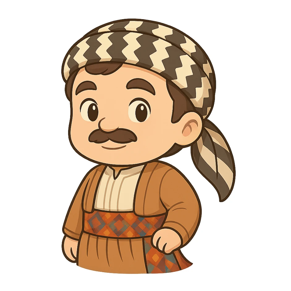 Create a chibi Kurdish cartoon sticker based on the reference image, showing a proud (confident) expression, with a transparent background. sticker
