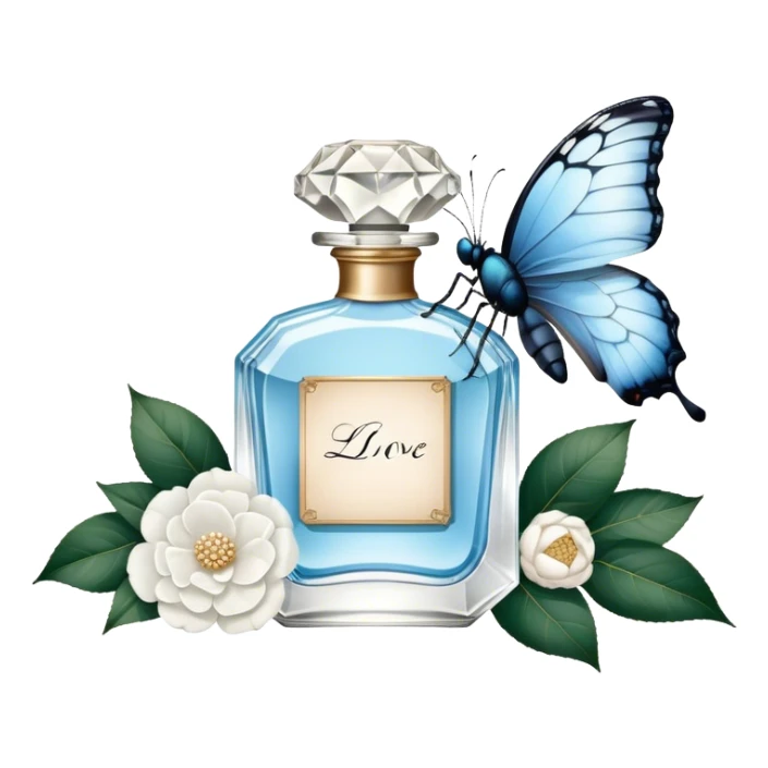 A nostalgic composition of an antique perfume bottle with a crystal stopper, an old love letter, and a single pale blue butterfly resting atop a white camellia.
 sticker