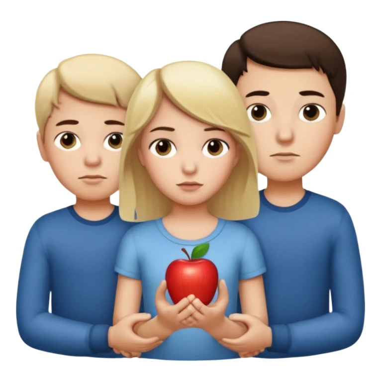 Apple iOS emoji style.
A girl holding hands with two boys at the same time,one boy si brunette the other blonde, one on each side.
The girl has a suspicious, guilty expression, slightly turned eyes.
The boys look neutral and unaware.
 smooth gradients, rounded shape sticker