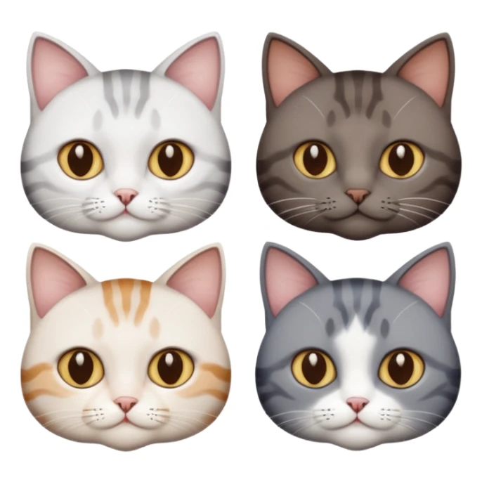 4 different coloured short haired cats including; a dark brown tabby and white cat, and a dark grey and white  sticker