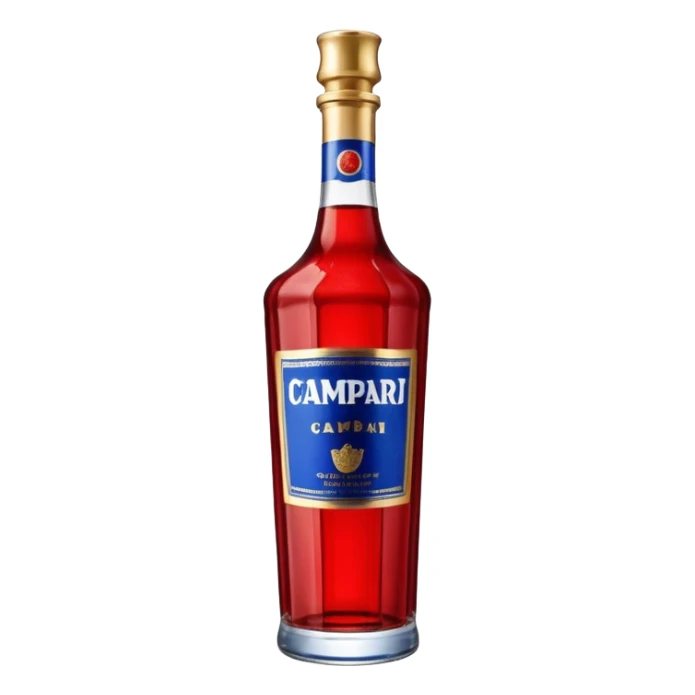 A tall red Campari bottle with a gold cap, bold blue-and-white label, and textured ridged glass at the bottom. Glossy, elegant, iconic look. sticker