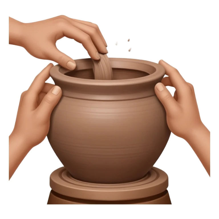 Close-up of two hands working from outside a clay vessel on a silver pottery wheel, both pinching and lifting the clay upward at the same spot to form the vessel wall sticker