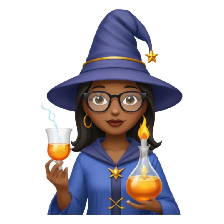 black woman scientist with glasses, wearing wizard hat custome, with glass vase sticker