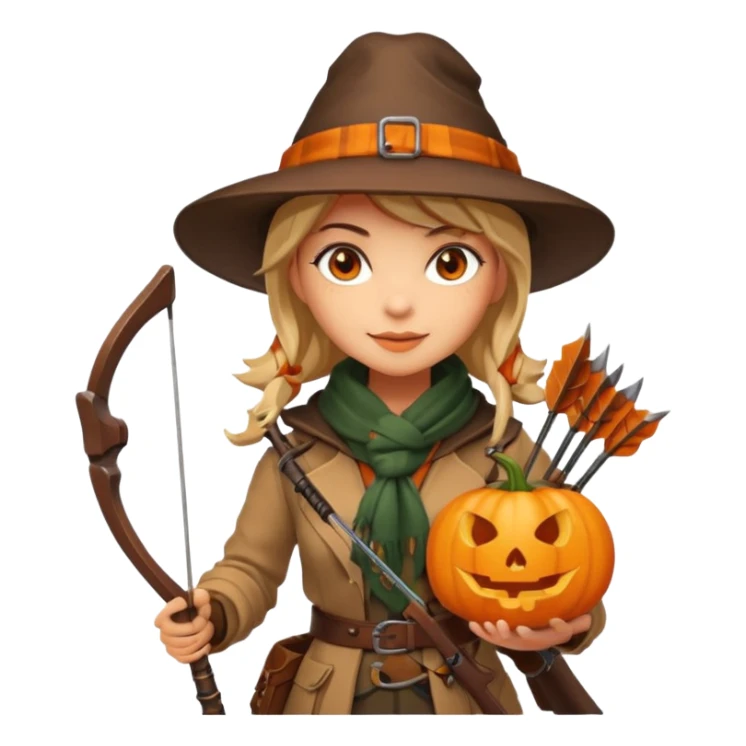 female human monster hunter emoji, wearing brown coat and hat, holding crossbow, soft smile, scarf, glowing pumpkin by her side, Halloween fantasy style, clean vector Apple emoji look, bright colors, white background, square sticker