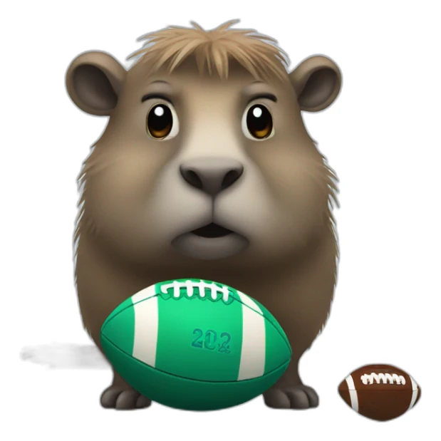 blue capybara car with a football and poop sticker