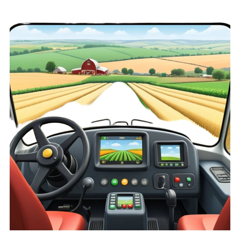 a view from the tractor cabin, with the dashboard in focus, overlooking a vibrant rural landscape. Inspired by Farming Simulator 22, the scene includes fields, crops, and distant barns under a bright sky. The design highlights the immersive experience of farm management. transparent background sticker