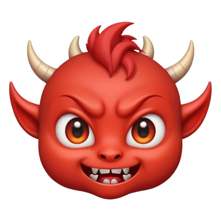 Cute demon cartoon emoji character, chibi proportions, small horns, mischievous smile, big expressive eyes, soft rounded face, tiny fangs, stylized hair, clean smooth shading, simple shapes, friendly not scary,  sticker