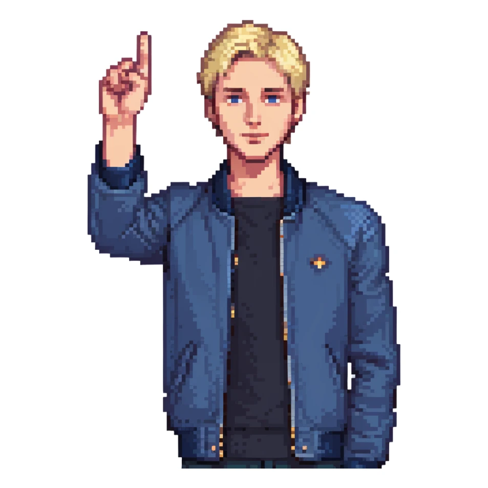 Flat pixel art, confident male leader, Caucasian, short neat blonde hair, sharp eyes, indigo jacket, one arm raised gicing direction, waist-up, front-facing sticker
