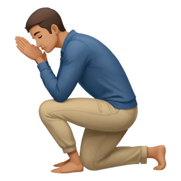 apple style emoji of a man with both knees on the ground, side view, head lowered and hands touching the floor, gesture of respect or apology sticker