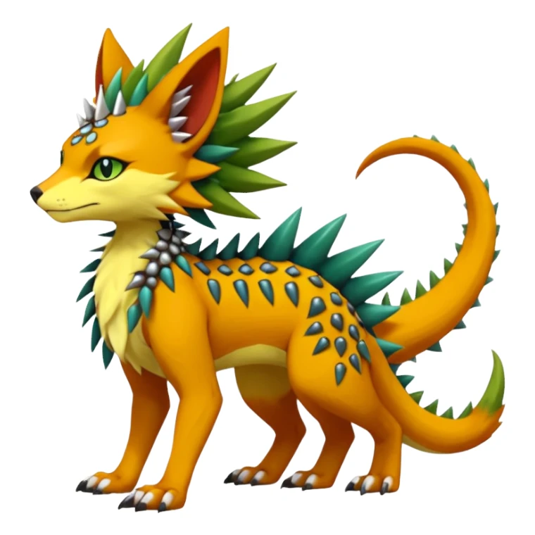 Kawaii cute reddish orangish yellowish greenish exotic tribal beautiful pretty elegant divine edgy feline-vernid-sergal-Fakémon-Pokémon-Digimon-fursona-animal-creature with accessories, jewelries, full body, with intricate detailed markings, spikes, furs, fins, scales, spiny sticker