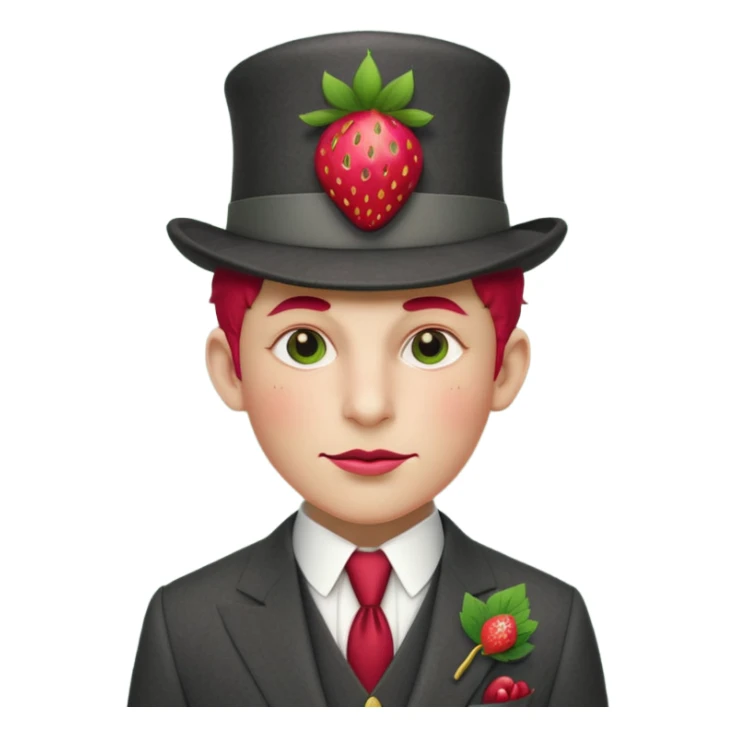 Pretentious cartoon strawberry in a tailored charcoal three‑piece suit, leaf‑cap styled like a pompadour, gold‑stud seeds, sugar‑glass monocle, licorice cane, smug expression; clean vector style, flat shading, cream background, rich crimson/forest‑green palette, 3/4 view, elegant lighting.
 sticker