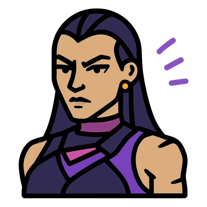 minimalist icon of Valorant agent Reyna with purple accents, sharp features, simple background, modern game icon style sticker