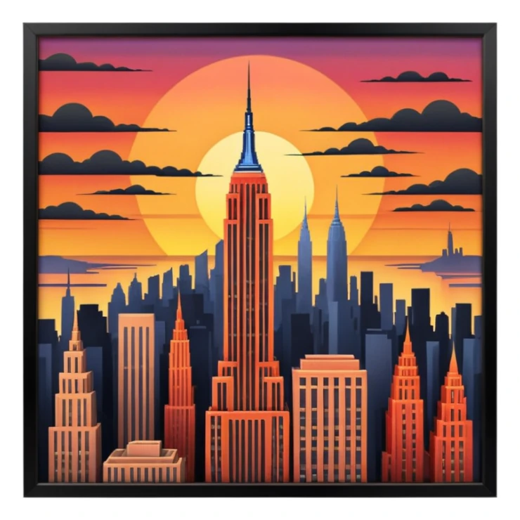 New York Empire State with buildings and a sunset sticker