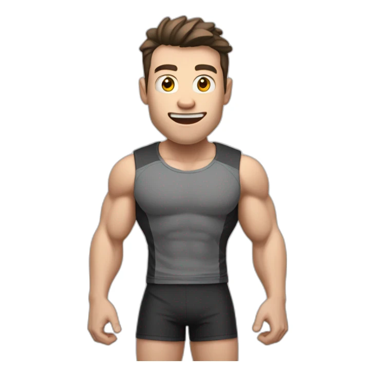 amazed Open with surprise mouth Pale skinned Fit Man With the biceps and dark brown hair in black shirt, gray sports shorts and white Sneakers sticker
