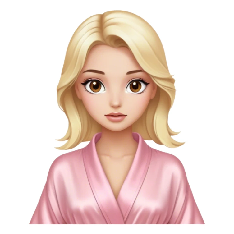 blonde model with brown eyes, luxury makeup, light pink silk robe sticker