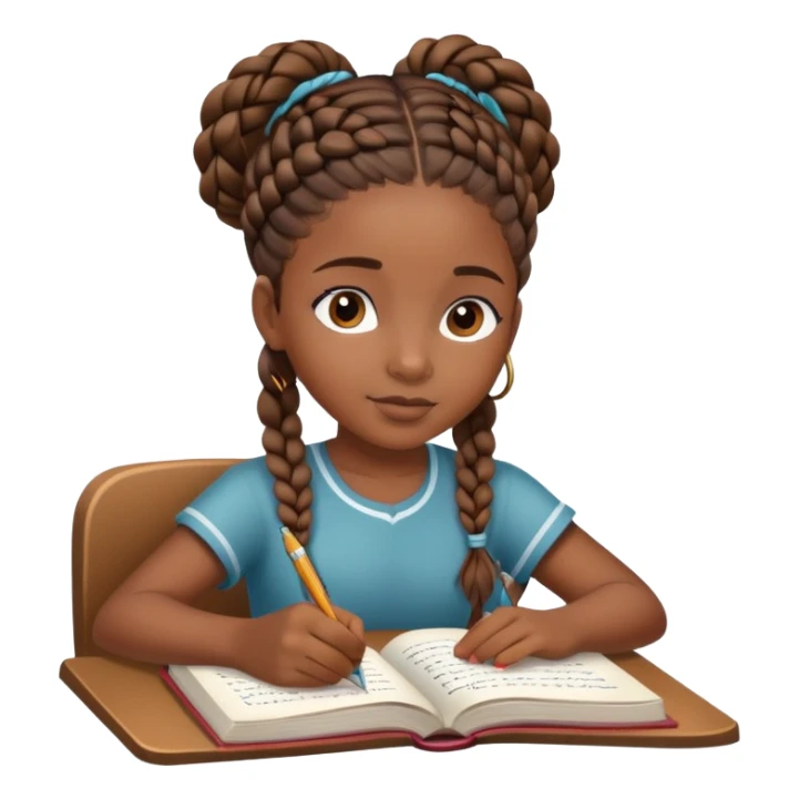 African girl student with brown skin and braided hair writing with book and pen sticker