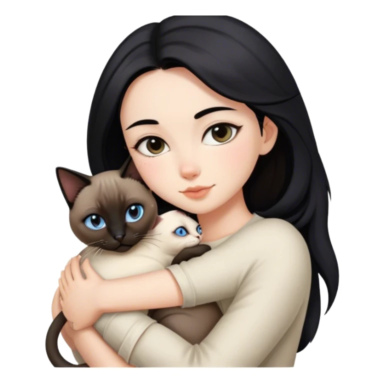 Brunette girl with black hair hugging a Siamese cat sticker
