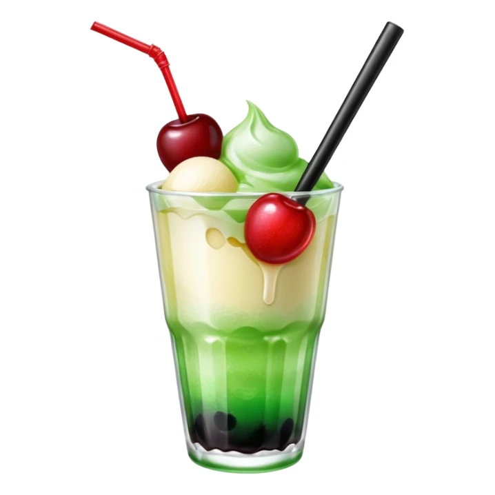 Create an emoji with a clear rounded glass, bright transparent green soda with fine bubbles, a smooth vanilla scoop, a glossy red cherry, and a black straw, using vibrant colors, soft shading, and clear glass highlights.
 sticker